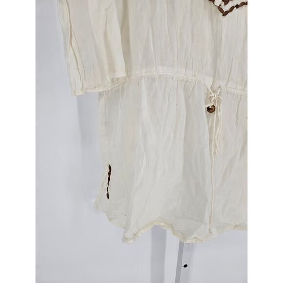 Ocean Club Womens Sz M Swimsuit Cover Up Cream Brown Embroidered Deep V - Picture 2 of 5